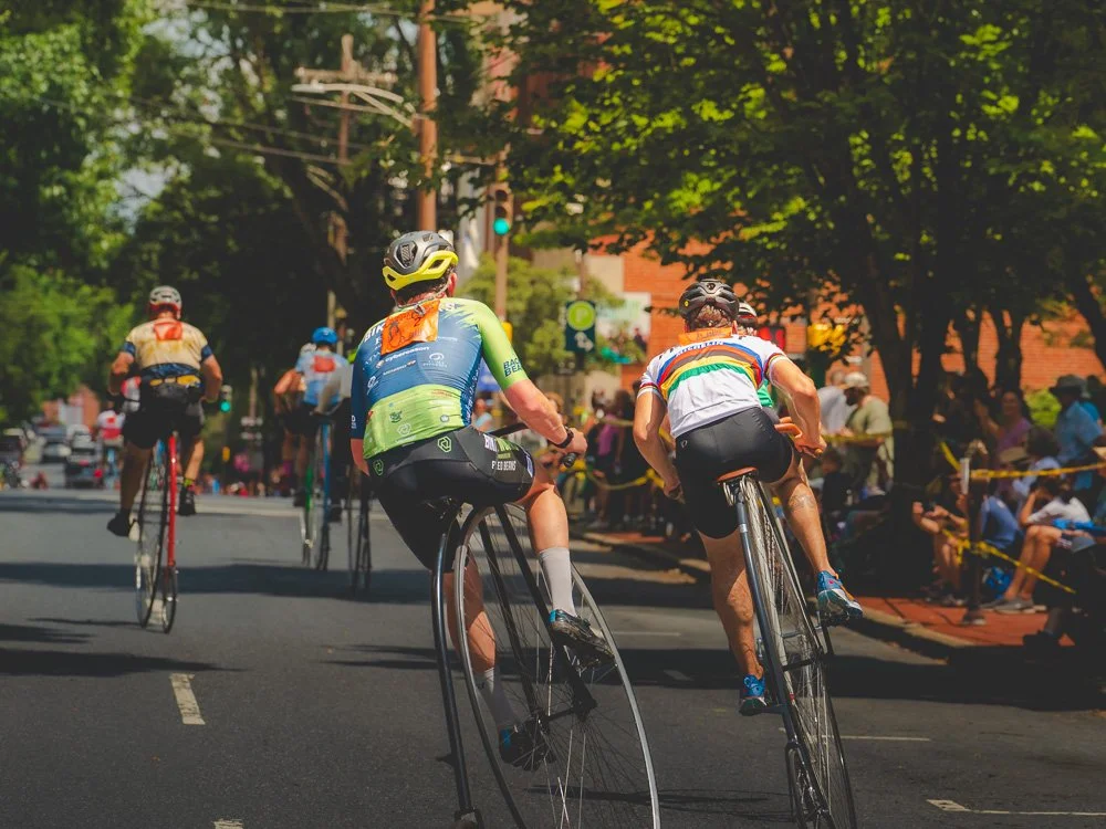 High-wheel racers riding away beneath the trees on a downtown street