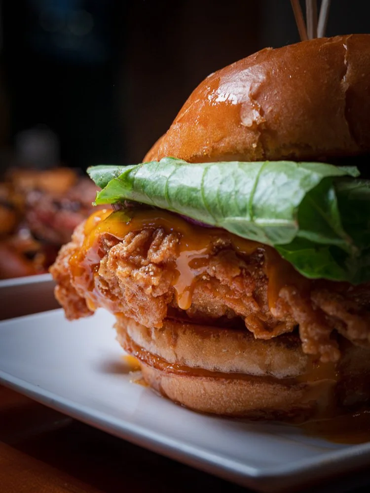 Close view of Liberty Social's fried chicken sandwich