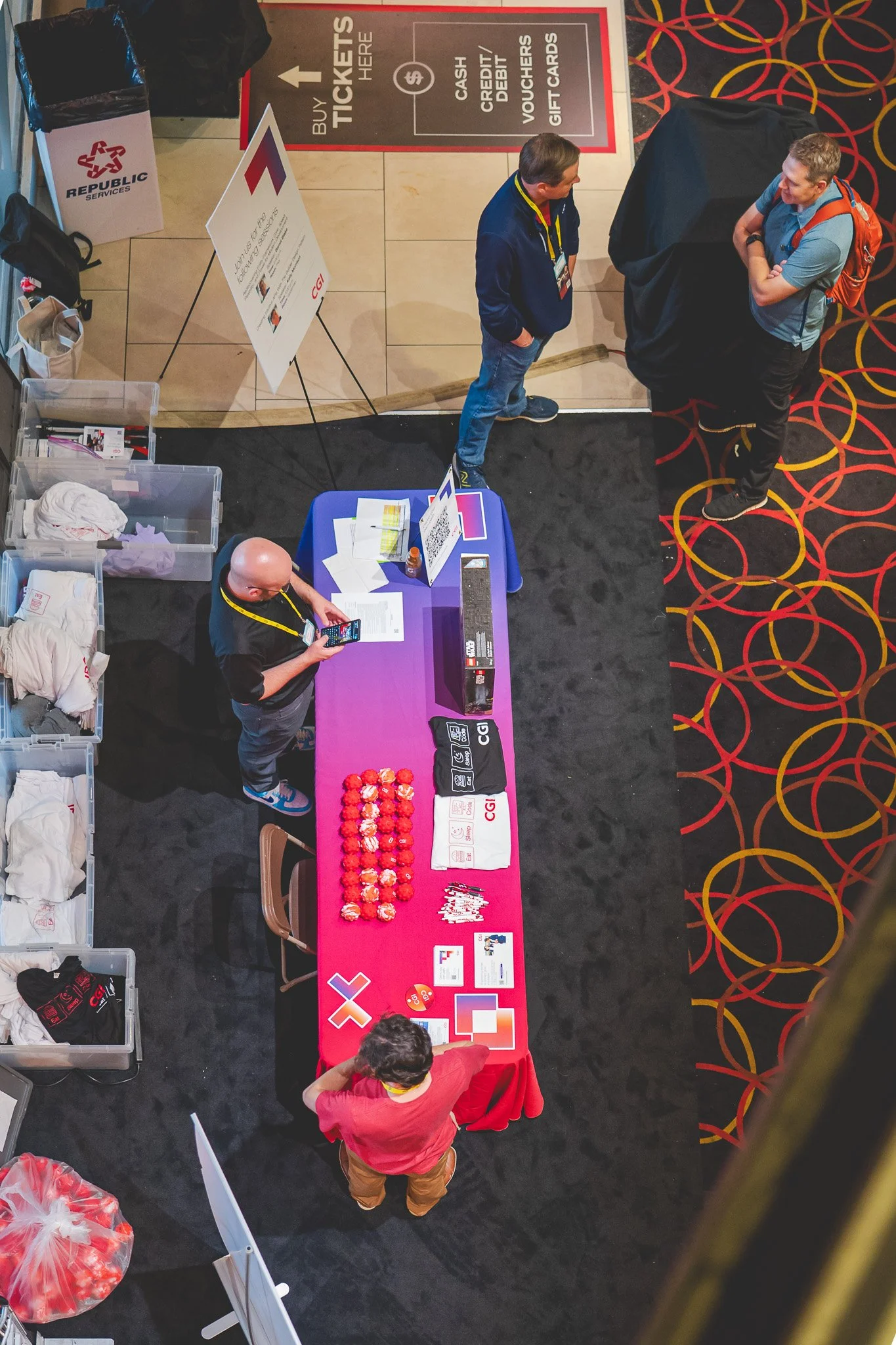 Overhead view of the sponsor and registration area at Stir Trek