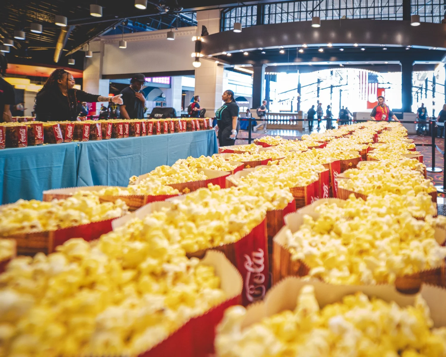 Rows of movie-theater popcorn prepared for Stir Trek attendees