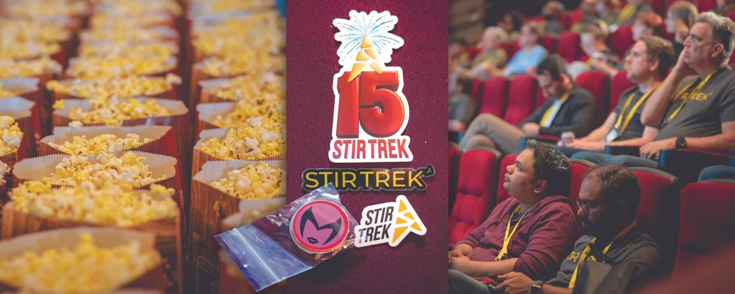 Stir Trek 2025 collage featuring popcorn, event stickers, and conference attendees at AMC Easton